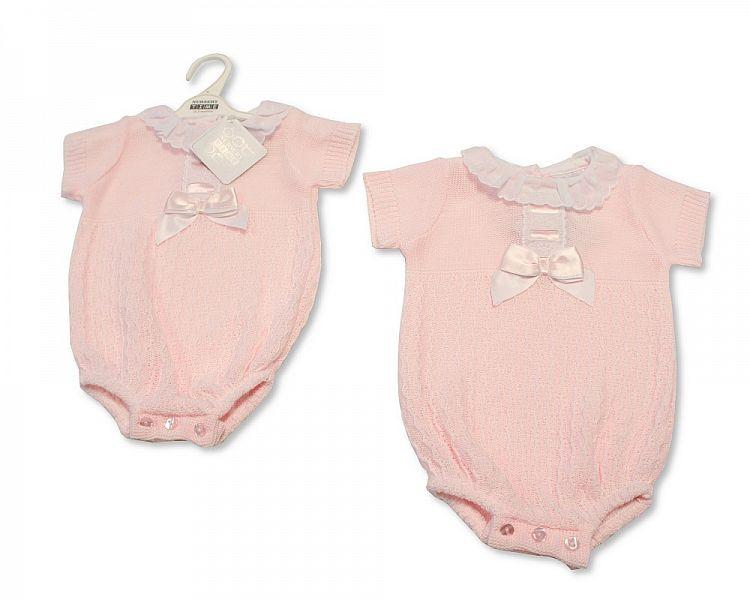 Baby Girls Knitted Romper with Bow and Lace (NB-9 Months) Bw-10-006 - Kidswholesale.co.uk