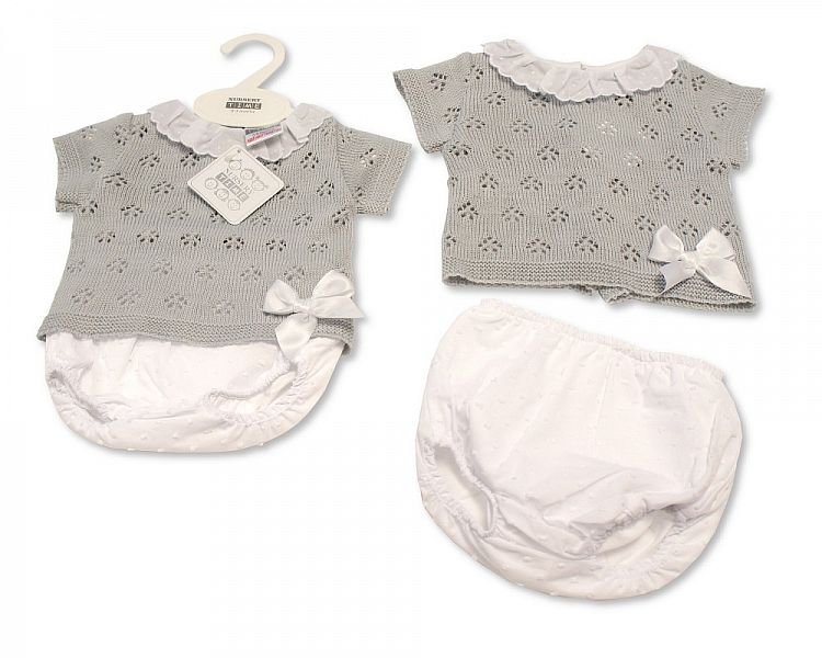 Knitted Baby 2 Pieces Set with Bow and Lace Collar (NB-9 Months) Bw-10-025