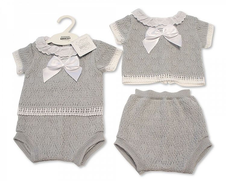 Knitted Baby 2 Pieces Set with Bow and Lace Collar (NB-9 Months) Bw-10-033