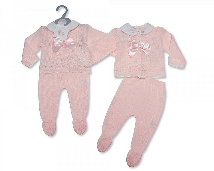 Baby Girls Knitted 2 Pieces Pram Set with Bow (NB-9 Months) Bw-10-100