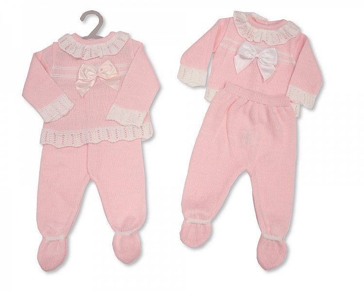 Knitted Baby Girls Long 2 Pieces Set with Bow (NB-9 Months) Bw-10-1039