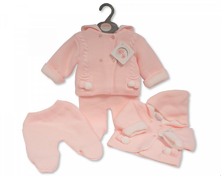 Baby Girls Knitted 2 pcs Pram Set with Hood (0-9 Months) (PK6) Bw-10-1147P