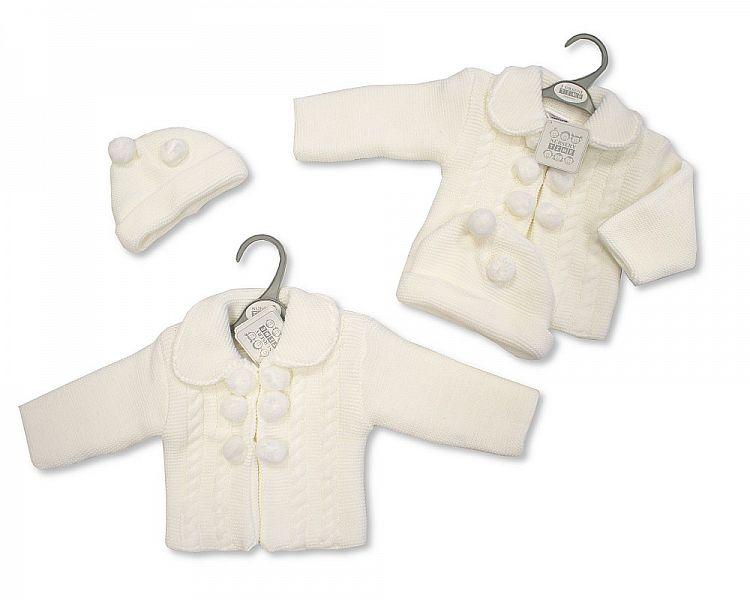 Knitted Baby Pom Pom Pram Coat W/Hat - White - 6/24M - (BW-10-631WA) - Kidswholesale.co.uk