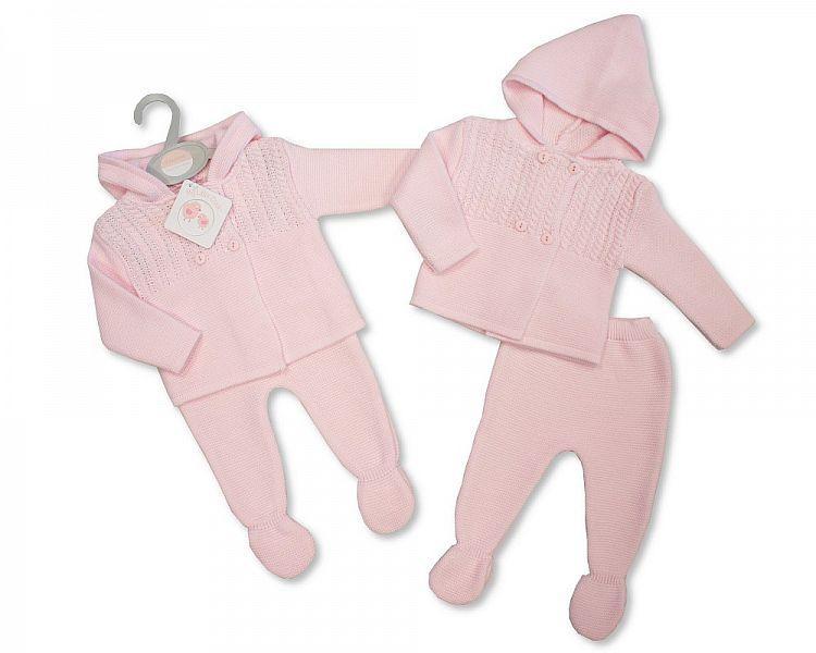 Chunky Knitted Baby Hooded Pram Set - Pink - Kidswholesale.co.uk
