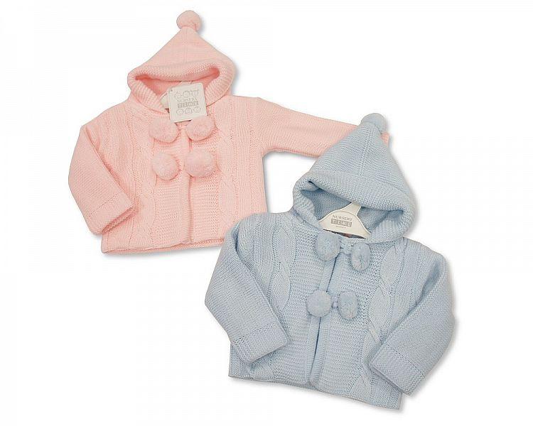 Knitted Baby Pram Coat - Pom Pom - 6/24M - (BW-1015-621A) - Kidswholesale.co.uk