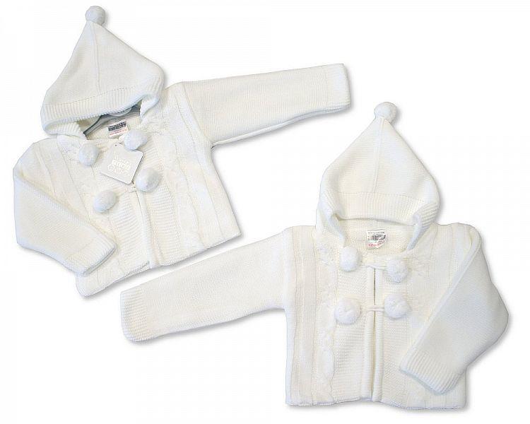 Knitted Baby Pram Coat - White - NB/6M - (BW-1015-621W) - Kidswholesale.co.uk