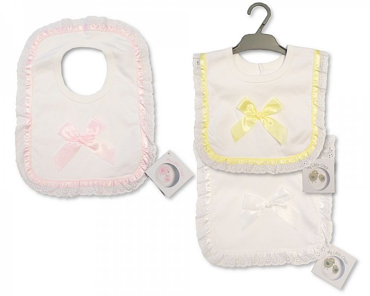 Baby Pop-Over Bibs with Lace Border and Bow (PK6) Bw 104-826