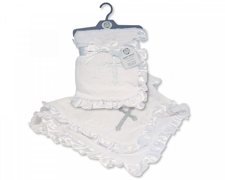 Baby Christening Wrap with Satin Lace Border - Cross (75x100 cm) Bw-112-1058