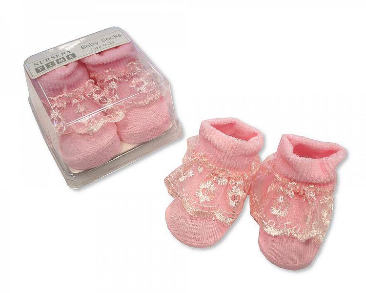 Baby Lace Socks in Box - Rose & Bow - Pink - (BW-61-2167P) - Kidswholesale.co.uk