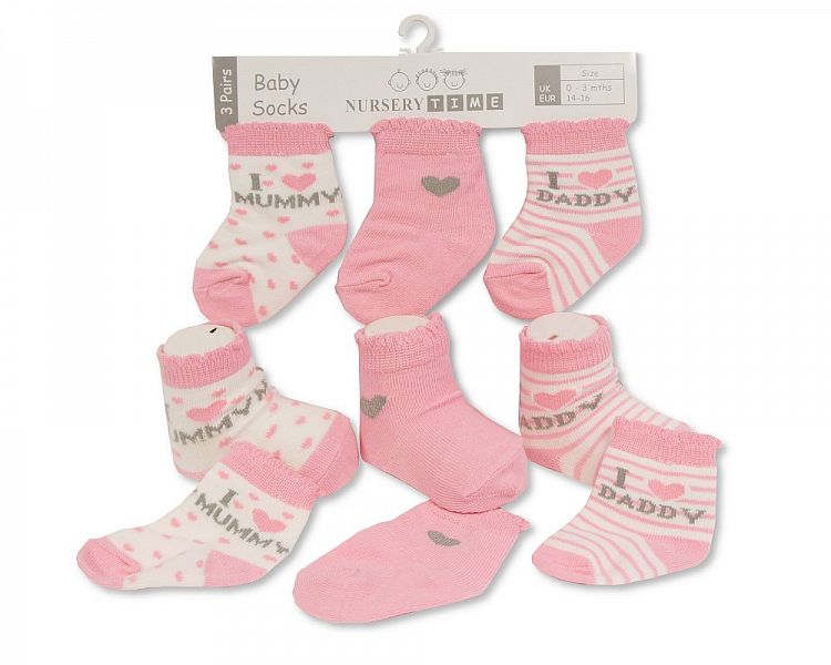 Baby Girls Socks 3-Pack - I Love Mummy/Daddy (0-6 Months) (pk6) BW-61-2214