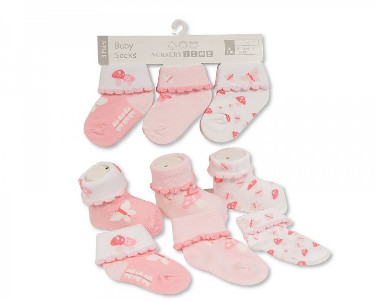 Baby Girls Socks 3-Pack - Butterfly/Mushrooms (0-6 Months) (pk6) BW-61-2215