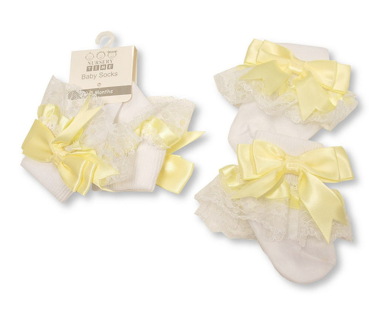 Baby Socks With Lace and Bow - Lemon (0-18M) (PK6)  BW 61-2220L