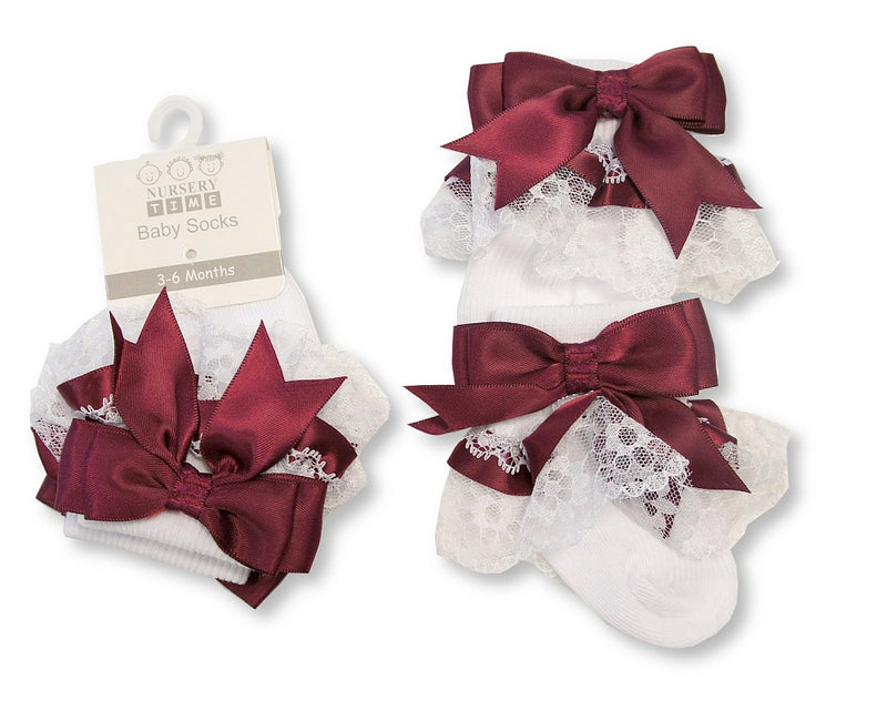 Baby Socks With Lace and Bow - Wine (0-18M) (PK6)  BW 61-2220Wi