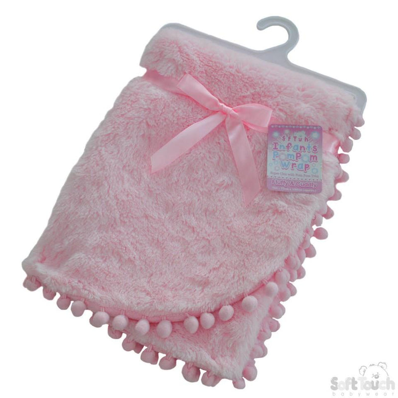 Pink High Pile Wrap W/Pom Pom Trim - FBP170-P - Kidswholesale.co.uk