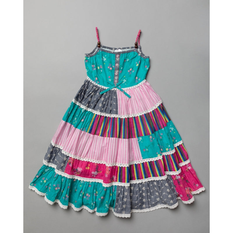 Girls COTTON Patterned Spaghetti Strap Dress (3-11 Years) T20357GREEN