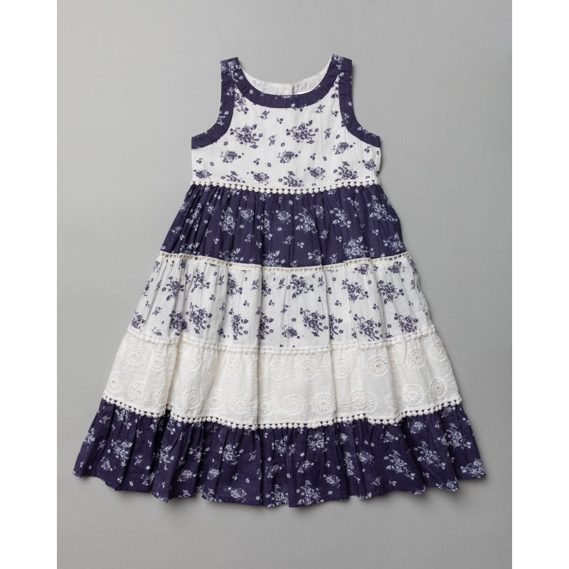 Girls Perforated Tier Dress (3-11 Years) T20354NAVYWHITE