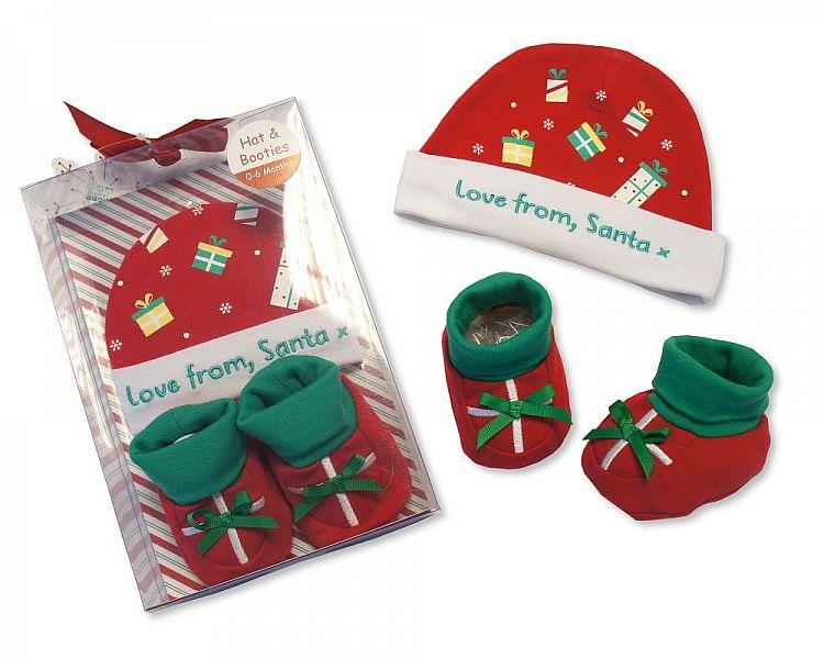 Baby Hat & Booties Cotton Gift Set - Love from Santa - (GP-25-0814) - Kidswholesale.co.uk