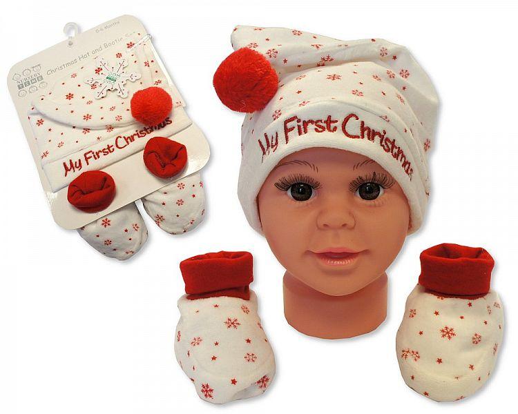 Baby Hat and Booties Gift Set - My First Christmas - Cream [GP-25-0839] - Kidswholesale.co.uk