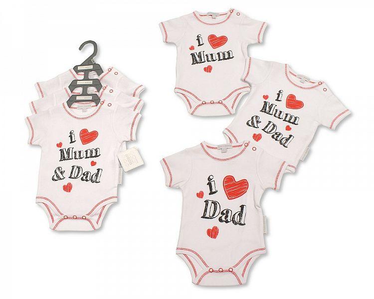 Baby 3 pcs Bodysuit Gift Set - I Love Mum/Dad (0-6 Months) Gp-25-0982 - Kidswholesale.co.uk