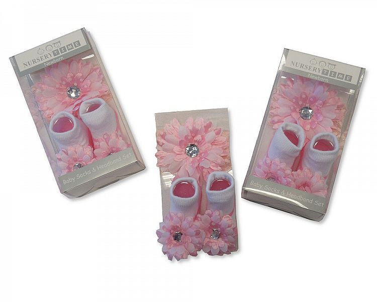 Baby Girls Socks and Headband Set - Pink Flower