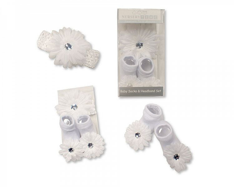 Baby Girls Socks and Headband Set - White Flower