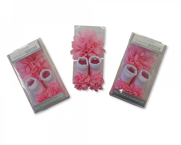 Baby Girls Socks and Headband Set with Clip - Pink Flower
