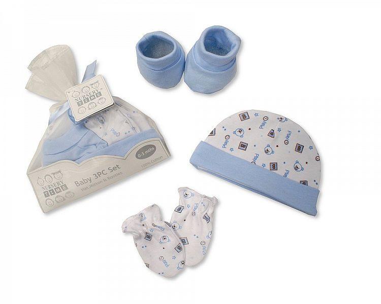 Baby Hat Mitten and Booties Set in Mesh Bag - Sky - Kidswholesale.co.uk