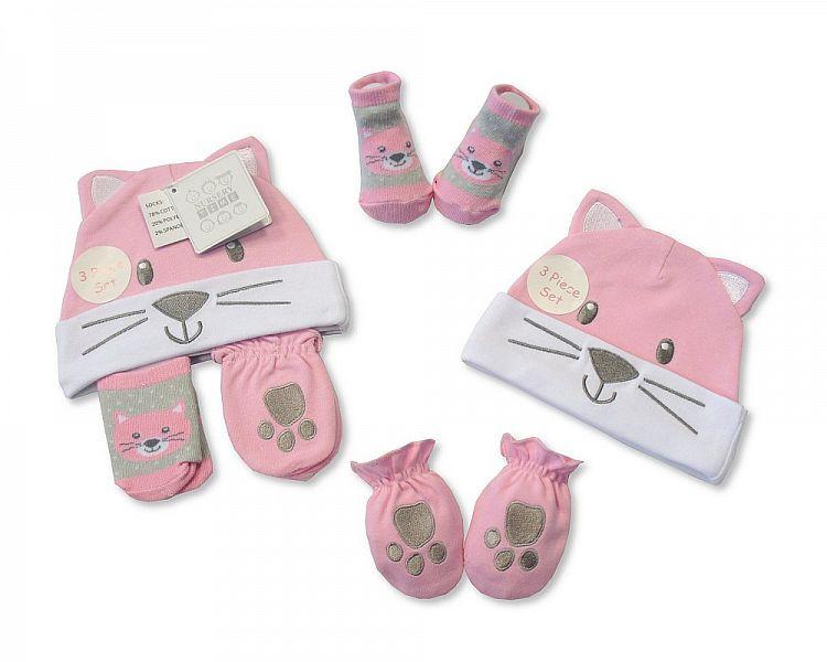 Baby Hat, Socks and Mitten Set - Cat (Gp 2516-0677) - Kidswholesale.co.uk