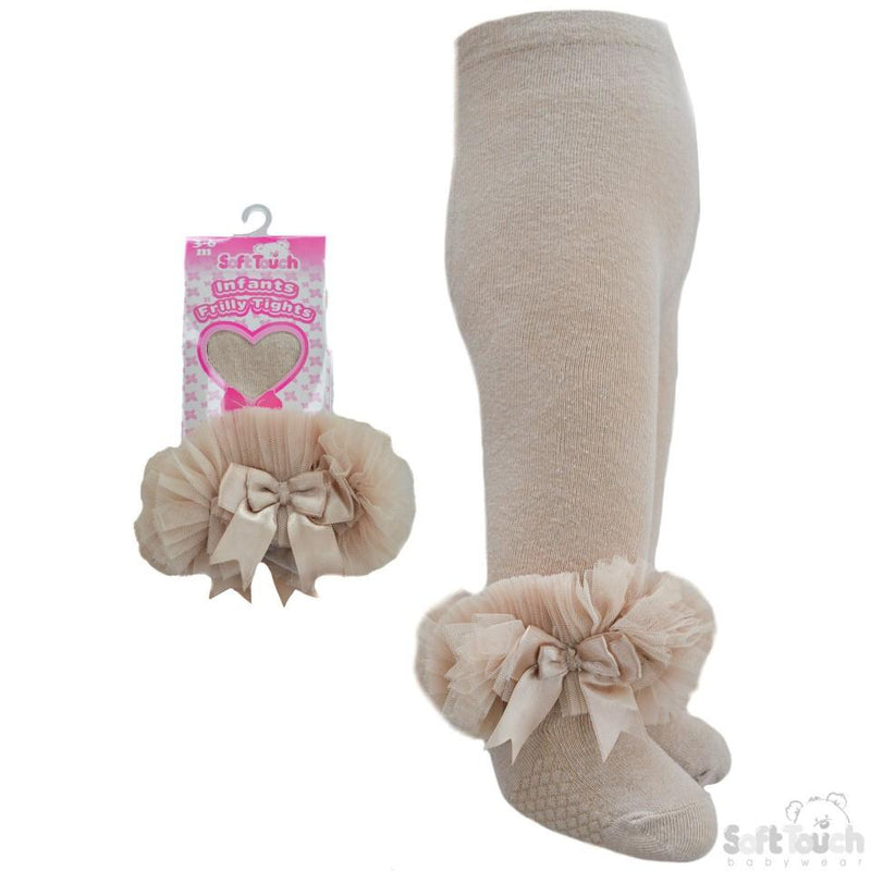 Beige Frilly Gift Tights W/Organza Lace & Bow - 0-12 Months  (GT62-be) - Kidswholesale.co.uk