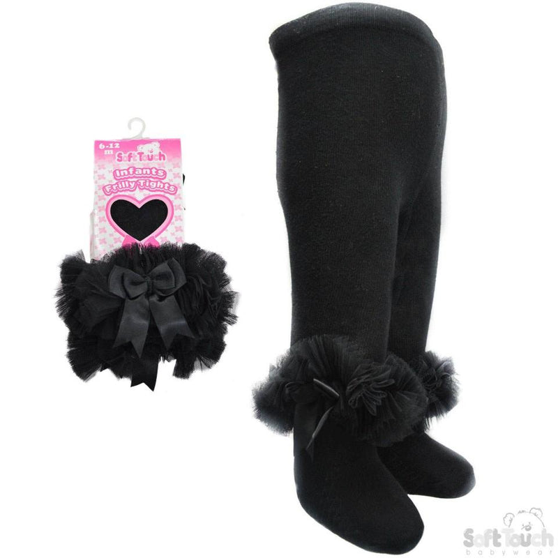 Black Frilly Gift Tights W/Organza Lace & Bow - 0-12 Months  (GT62-BLK) - Kidswholesale.co.uk