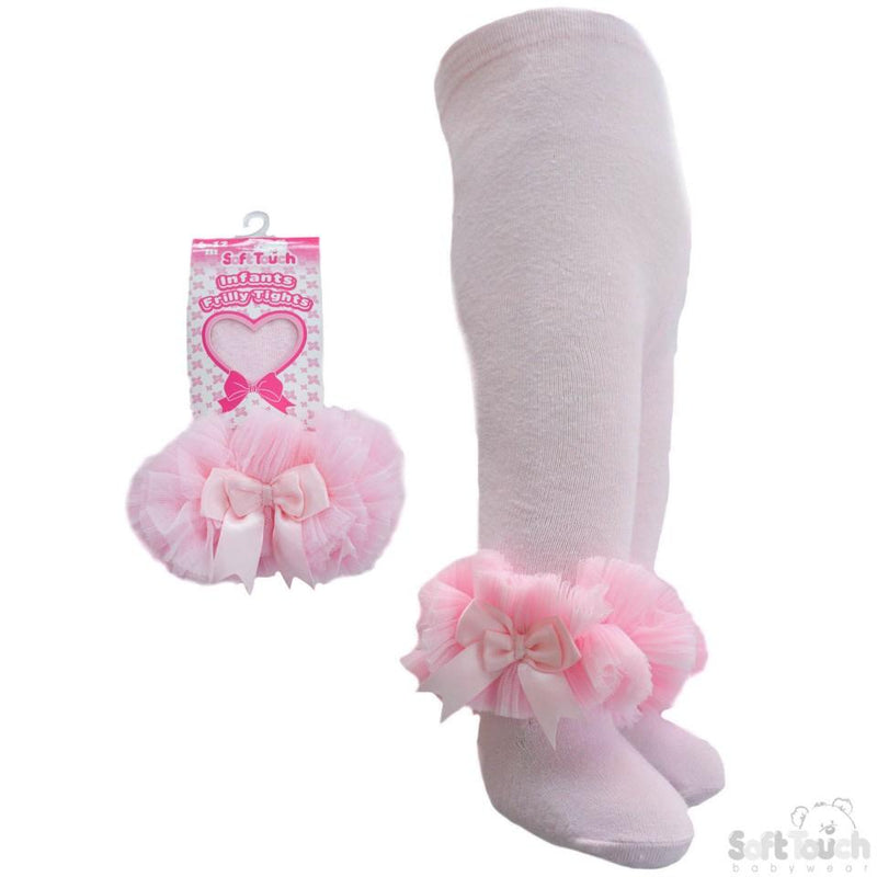 PinkFrilly Gift Tights W/Organza Lace & Bow - 0-12 Months  (GT62-P) - Kidswholesale.co.uk