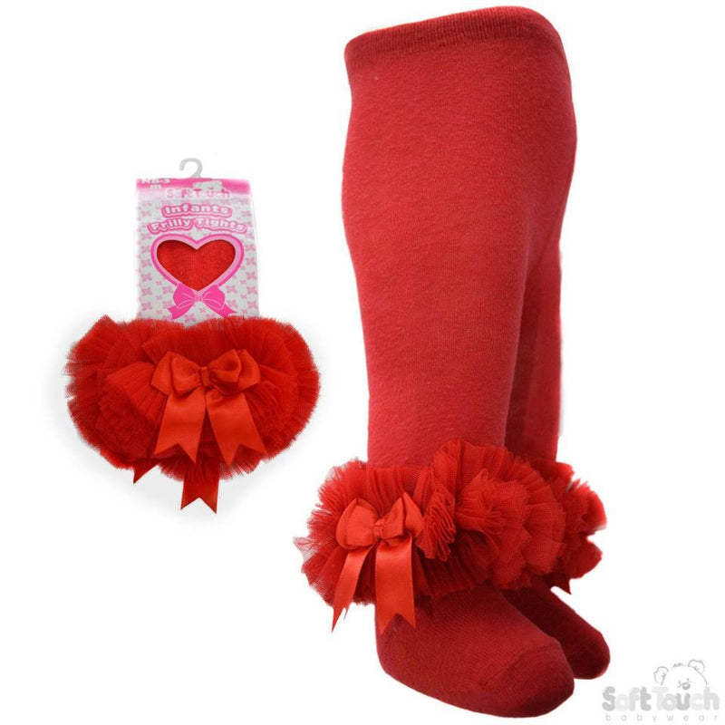 Red Frilly Gift Tights W/Organza Lace & Bow - 0-12 Months  (GT62-R) - Kidswholesale.co.uk