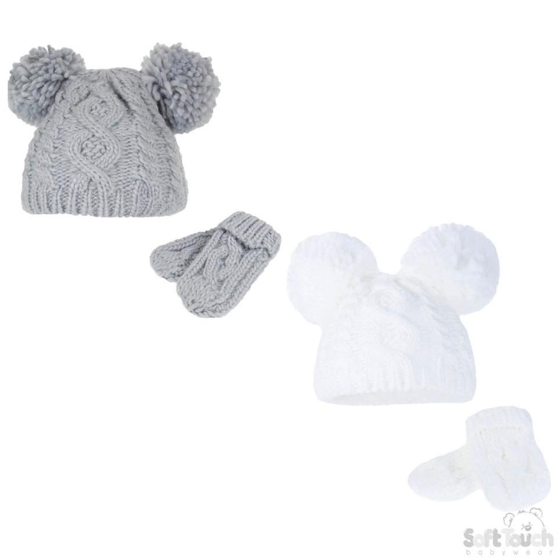 Grey/White Heavy Knit Pom-Pom Hat & Mitten Set - 0-12M (H482-GW-SM) - Kidswholesale.co.uk