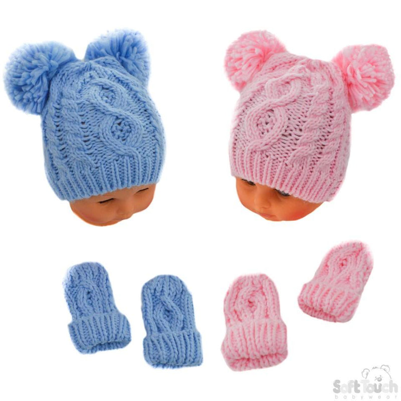 Pink/Blue Small Heavy Knit Pom-Pom Hat & Mitten Set - 0-12M (H482-PB-SM) - Kidswholesale.co.uk