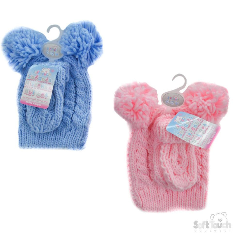 Pink/Blue Small Heavy Knit Pom-Pom Hat & Mitten Set - 0-12M (H482-PB-SM) - Kidswholesale.co.uk