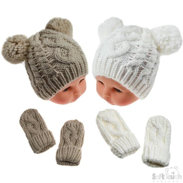 Cream/Beige Heavy Knit Pom-Pom Hat & Mitten Set - 12-24M (H483-CBE-MED) - Kidswholesale.co.uk