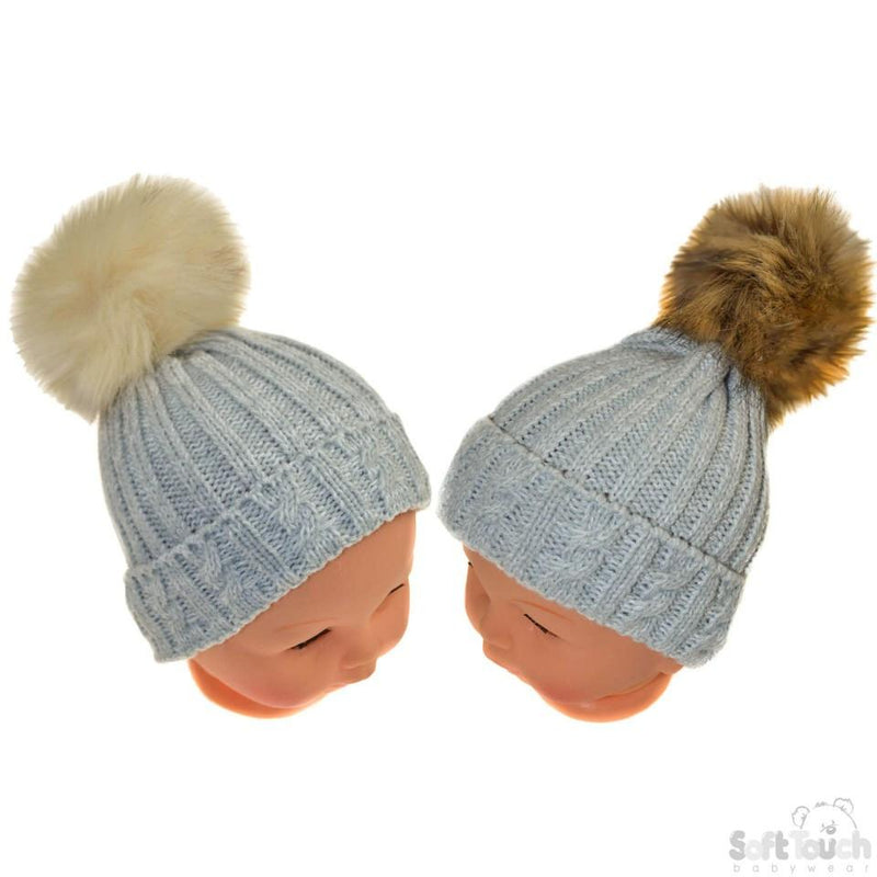 Small Grey Cable Knit Hat W/Fluffy Pom-Pom 0-12M (H486-G-SM) - Kidswholesale.co.uk