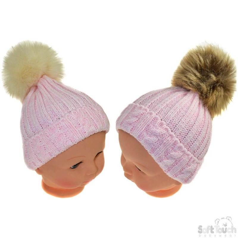 Small Pink Cable Knit Hat W/Fluffy Pom-Pom 0-12M (H486-P-SM) - Kidswholesale.co.uk