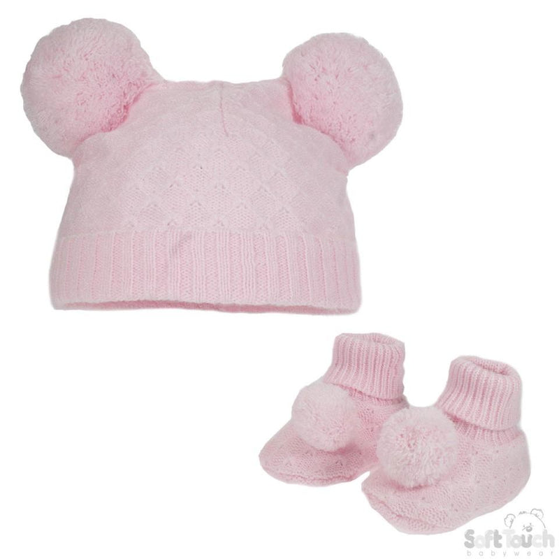 Pink Pom Pom Hat & Bootee Set- NB-12M (H610-P-SM) - Kidswholesale.co.uk