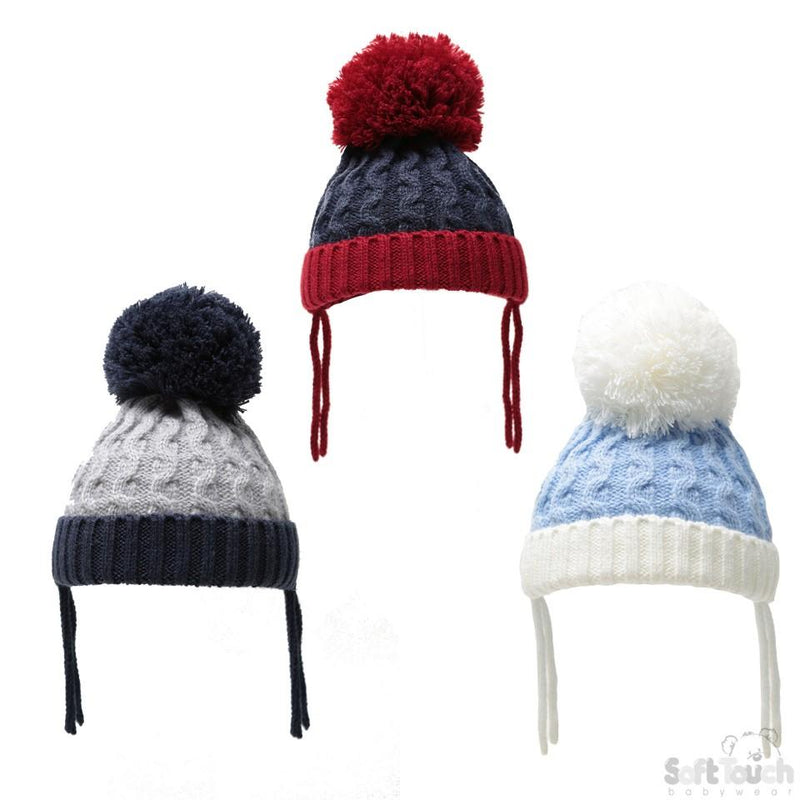 SMALL RIBBED AND CABLE KNIT POM POM HAT W/TIE: H626-SM - Kidswholesale.co.uk