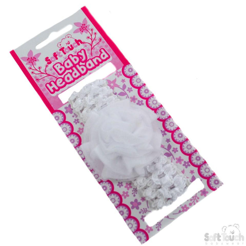 White Crochet Headband W/Organza Flower : HB40-W - Kidswholesale.co.uk