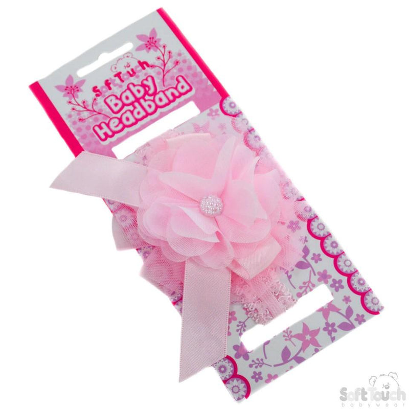 Pink Lace Headband W/Lace Flower & Bow W/Gem: HB45-P - Kidswholesale.co.uk