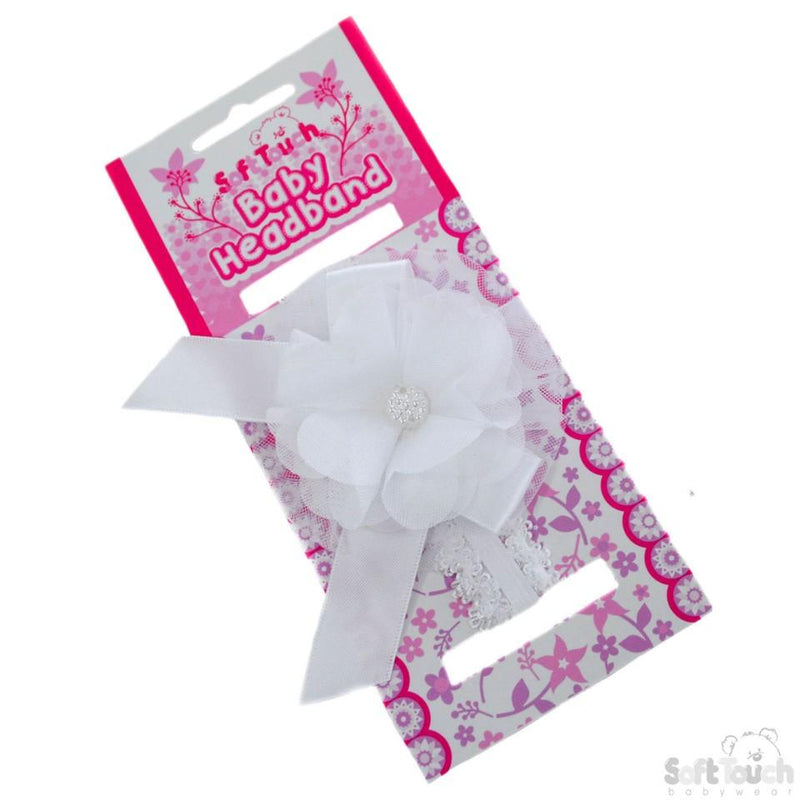 White Lace Headband W/Lace Flower & Bow W/Gem: HB45-W - Kidswholesale.co.uk