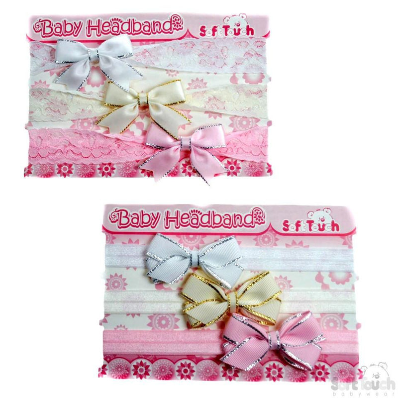 3 PACK GIRLS HEADBANDS W/BOW & GOLD OR SILVER TRIM: HB47 - Kidswholesale.co.uk