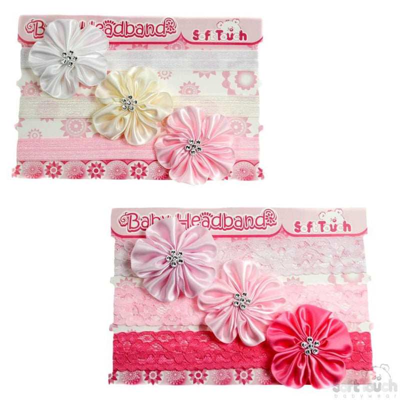 3 Pack Headbands W/Satin Flower & Flower Diamonte: HB64-17 - Kidswholesale.co.uk