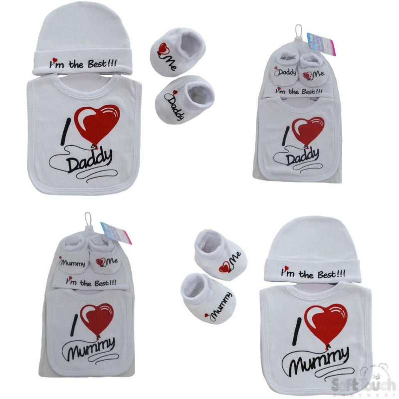 Velcro Bib, Hat & Bootee Set - I Love Mummy/Daddy: HBB258 - Kidswholesale.co.uk
