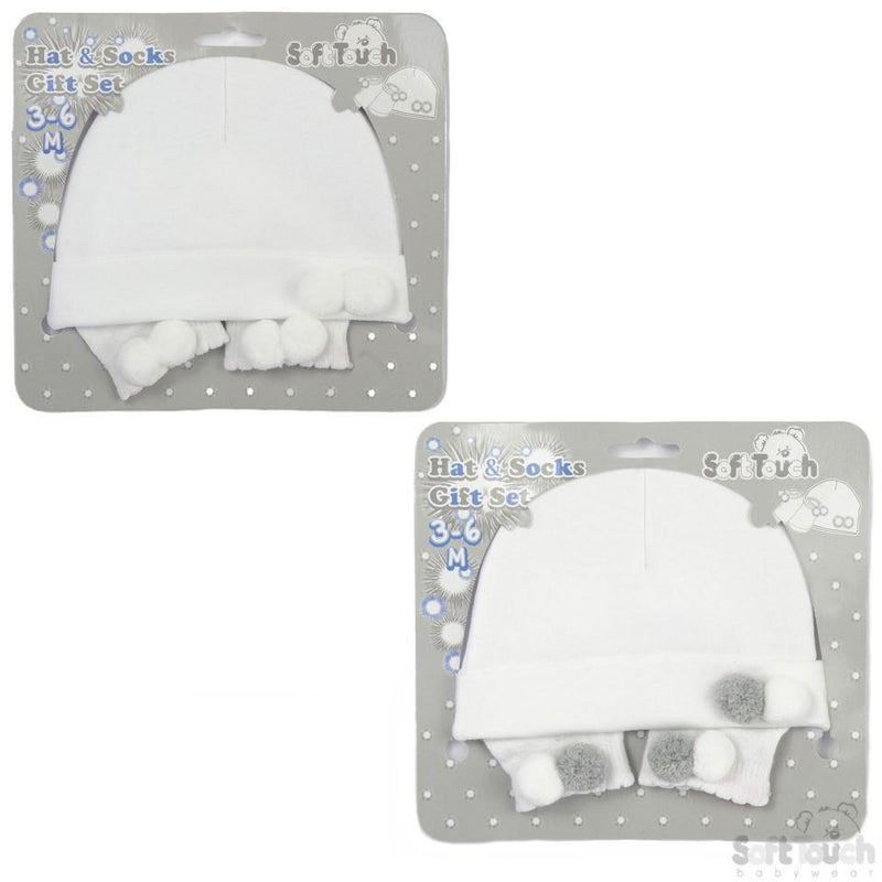 Hat & Socks Set W/2 Pom Poms HS106-W - Kidswholesale.co.uk