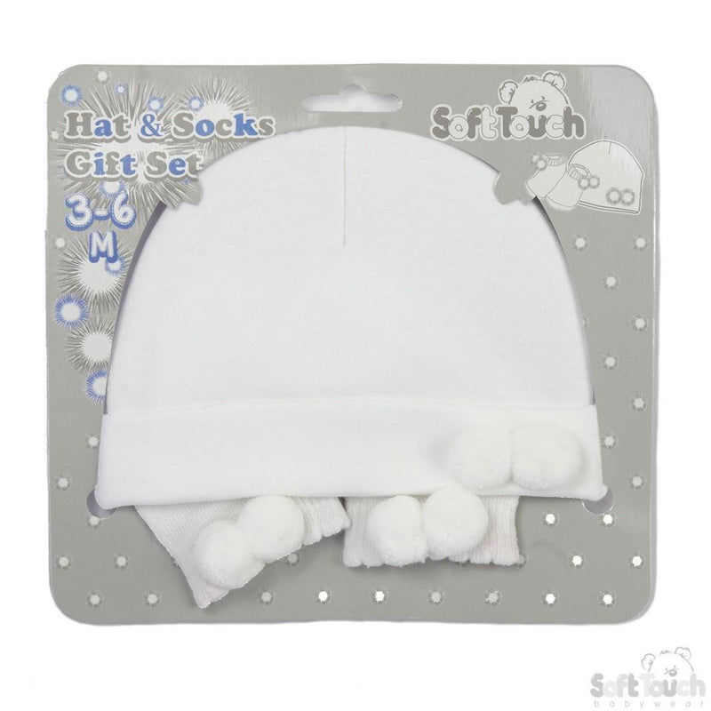 Hat & Socks Set W/2 Pom Poms HS106-W - Kidswholesale.co.uk