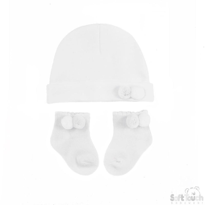 Hat & Socks Set W/2 Pom Poms HS106-W - Kidswholesale.co.uk