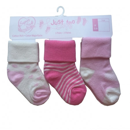 Triple Pack Girls Cotton Rich Socks - Stripes/Heart(0-12m) 24JTC8948